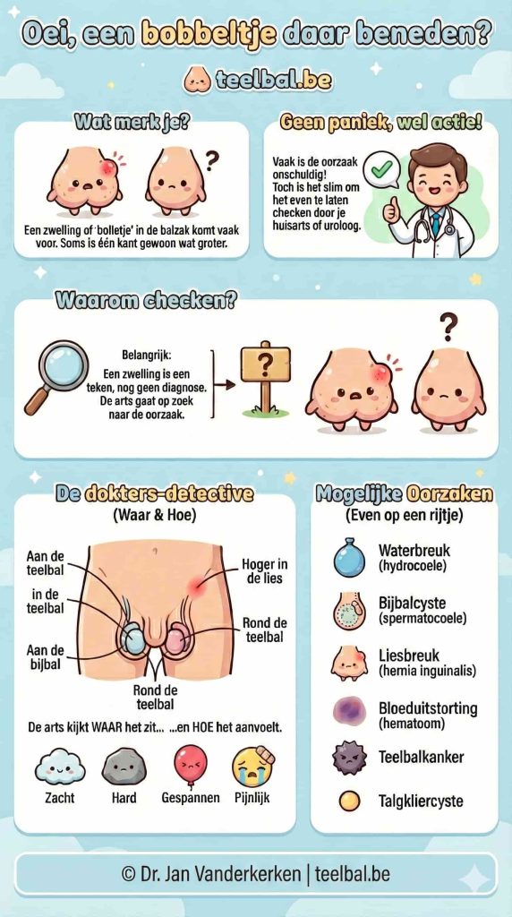 Overzicht van mogelijke oorzaken van een zwelling in de balzak, zoals een waterbreuk, bijbalcyste, liesbreuk en teelbalkanker.