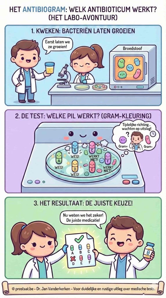 Blok 1 (Kweken): Schattige labmedewerkers laten bacteriën groeien in een broedstoof. Blok 2 (De Test): Een vrolijke petrischaal met verschillende gekleurde pillen. Bij sommige pillen staat "Weg!" (omdat de bacteriën verdwijnen) en bij andere "Werkt niet!". Een tekstwolkje legt de tijdelijke "Gram-richting" uit terwijl men wacht op de uitslag. Blok 3 (Het Resultaat): De dokters houden een checklist vast met de juiste medicatie. Footer: © prostaat.be - Dr. Jan Vanderkerken.