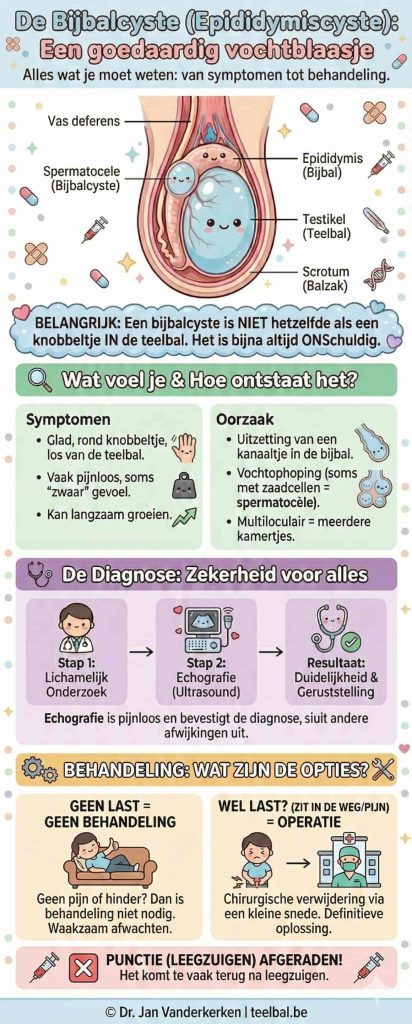Medische infographic in Kawaii-stijl over de bijbalcyste (epididymiscyste) op teelbal.be. De afbeelding toont de anatomie van de teelbal en bijbal, symptomen zoals een pijnloos bultje, diagnose via echografie en het behandeladvies: bij klachten een operatie, maar geen punctie.