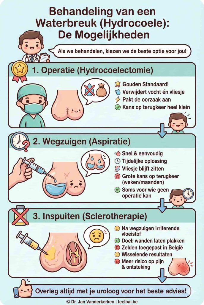 Een verticale medische infographic in Kawaii-stijl die drie behandelingen voor een waterbreuk (hydrocoele) vergelijkt op teelbal.be. De infographic toont: 1. Operatie (hydrocoelectomie) als de gouden standaard die de oorzaak aanpakt; 2. Wegzuigen (aspiratie) als snelle maar tijdelijke oplossing; 3. Inspuiten (sclerotherapie) met irriterende vloeistof, wat zelden in België gebeurt.