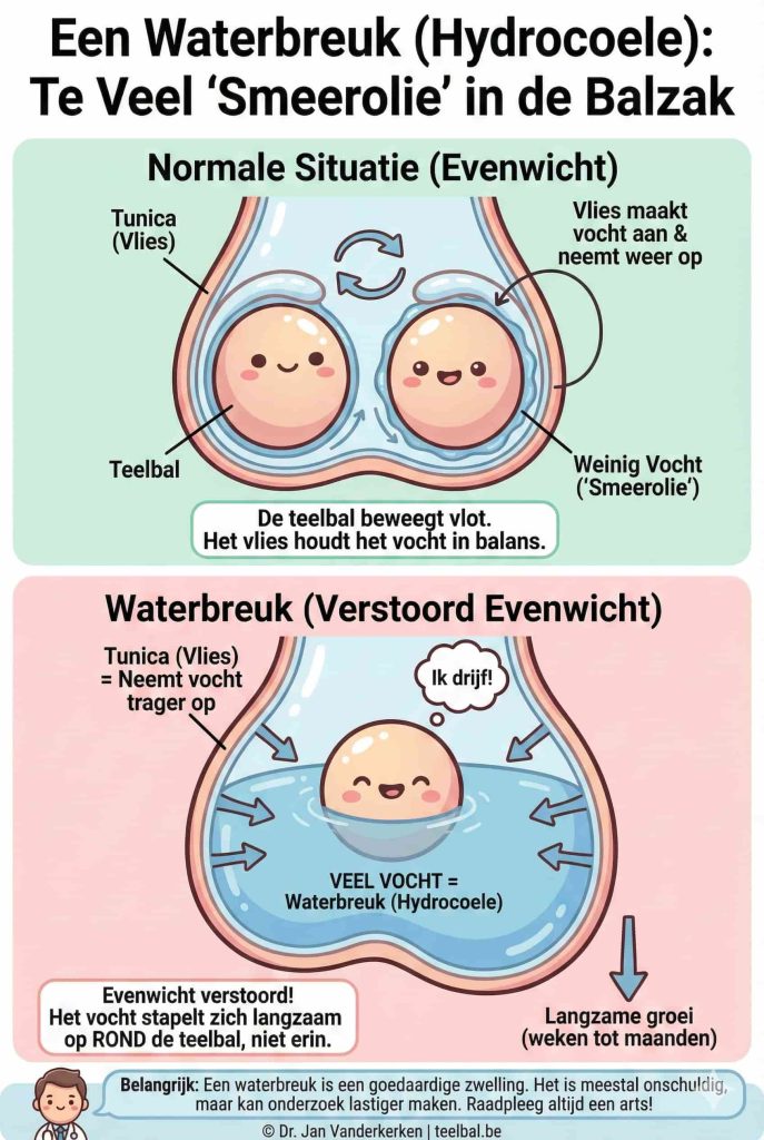 Een verticale medische infographic in Kawaii-stijl over een waterbreuk (hydrocoele) voor teelbal.be. De afbeelding toont het verschil tussen een normale situatie (vochtbalans) en een waterbreuk (verstoord evenwicht). Er wordt visueel uitgelegd hoe vocht zich ophopen rond de teelbal in het vlies (tunica), met de vergelijking naar te veel 'smeerolie'.