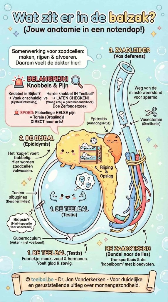 Kawaii-stijl infographic op teelbal.be getiteld "Wat zit er in de balzak? (Jouw anatomie in een notendop!)". De afbeelding toont een schematische doorsnede met schattige karakters voor: 1. De Teelbal (Testis, het 'fabriekje'), 2. De Bijbal (Epididymis, het 'bobbelige kapje' voor rijping), en 3. De Zaadleider en Zaadstreng (transport naar de lies, inclusief vasectomie-icoon). Een roze waarschuwingskader benadrukt het verschil tussen vaak onschuldige knobbels in de bijbal versus harde knobbels in de teelbal die gecheckt moeten worden. Er is een duidelijke spoedwaarschuwing voor plotse helse pijn (torsie). Onderaan: © teelbal.be - Dr. Jan Vanderkerken.