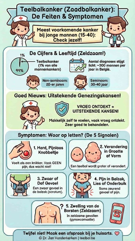Een verticale medische infographic in Kawaii-stijl over teelbalkanker feiten en symptomen op teelbal.be. De afbeelding toont dat dit de meest voorkomende kanker is bij mannen tussen 15 en 40 jaar (~300 diagnoses per jaar in België). Het bevat visuele uitleg over 5 signalen: een harde knobbel, verandering in grootte, een zwaar gevoel, pijn in de balzak/lies en zeldzame borstzwelling. De toon is geruststellend met de nadruk op uitstekende genezingskansen bij vroege ontdekking.